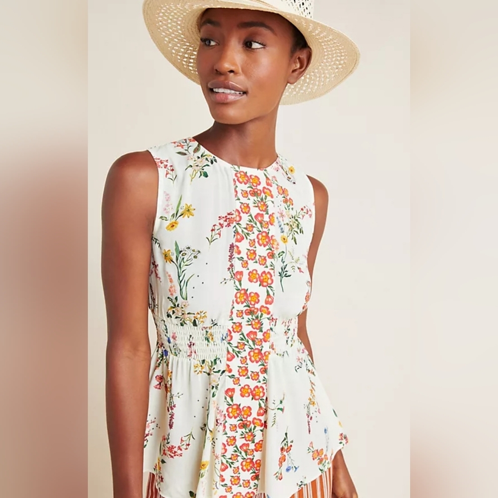 Farm Rio smocked sleeveless floral blouse
